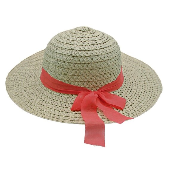 Straw Garden Hat Wide Brim Pink Ribbon Bow Band Sun Hat Beach Church Event Derby - Picture 1 of 9